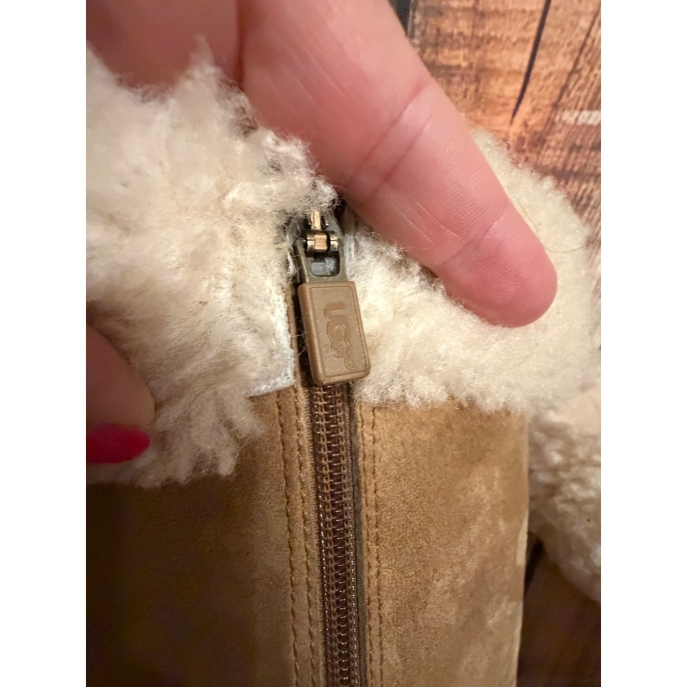 UGG Australia Tall Suede Boots Chestnut Tan Shearling Trim Zip Studded Tassels